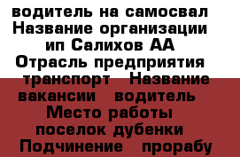 водитель на самосвал › Название организации ­ ип Салихов АА › Отрасль предприятия ­ транспорт › Название вакансии ­ водитель  › Место работы ­ поселок дубенки › Подчинение ­ прорабу или мастеру › Минимальный оклад ­ 40 000 › Максимальный оклад ­ 50 000 › База расчета процента ­ от з/п › Возраст от ­ 25 › Возраст до ­ 55 - Мордовия респ., Дубенский р-н, Дубенки с. Работа » Вакансии   